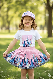 Elsa Pembe Şapkalı Etekli  Bayramlık Çocuk Takım ABY157