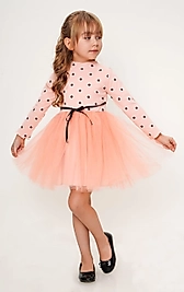Minik Puanlı Tüllü Pudra Çocuk Elbise ABY810