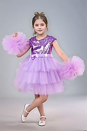 Kız Çocuk Lila Tokalı Ponpon Kollu Abiye Parti Doğumgünü Elbisesi