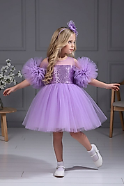 Kol Detaylı Ponponlu Tokalı Lila Renk Çocuk Abiye Aby458