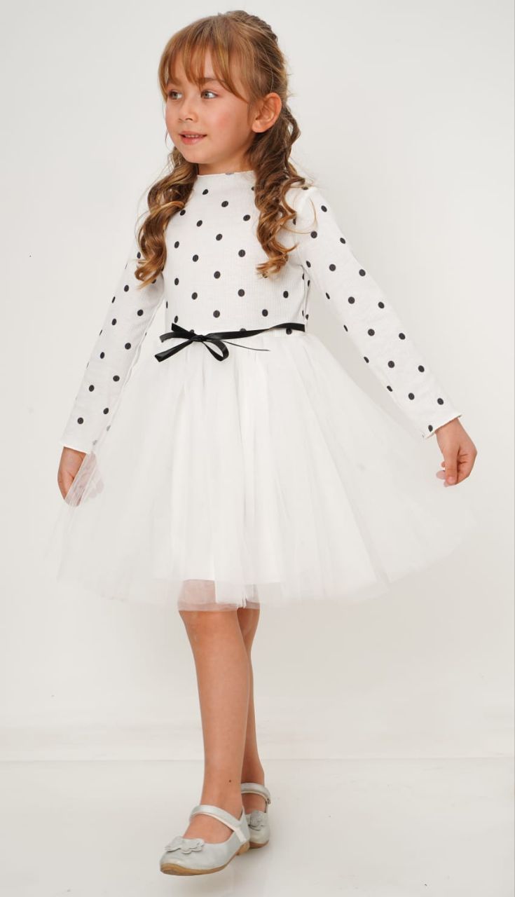Minik Puanlı Tüllü Beyaz Çocuk Elbise ABY810