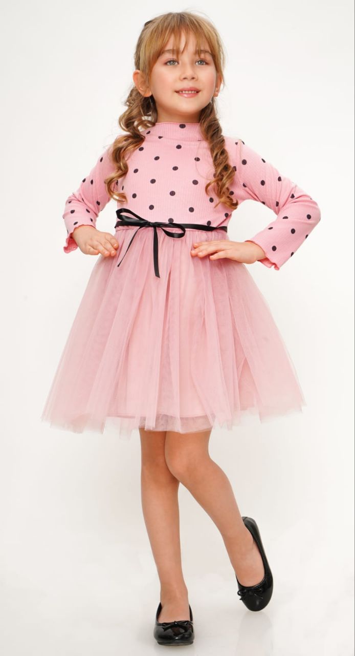 Minik Puanlı Tüllü Pembe Çocuk Elbise ABY810