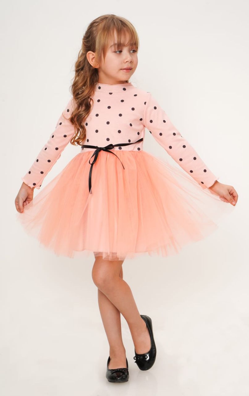 Minik Puanlı Tüllü Pudra Çocuk Elbise ABY810