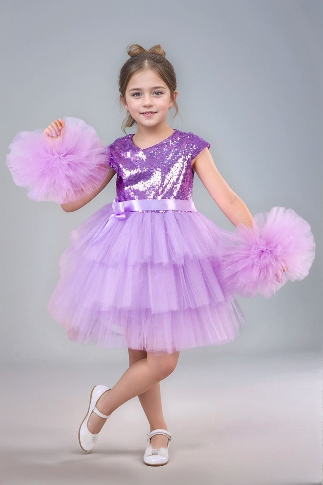Kız Çocuk Lila Tokalı Ponpon Kollu Abiye Parti Doğumgünü Elbisesi