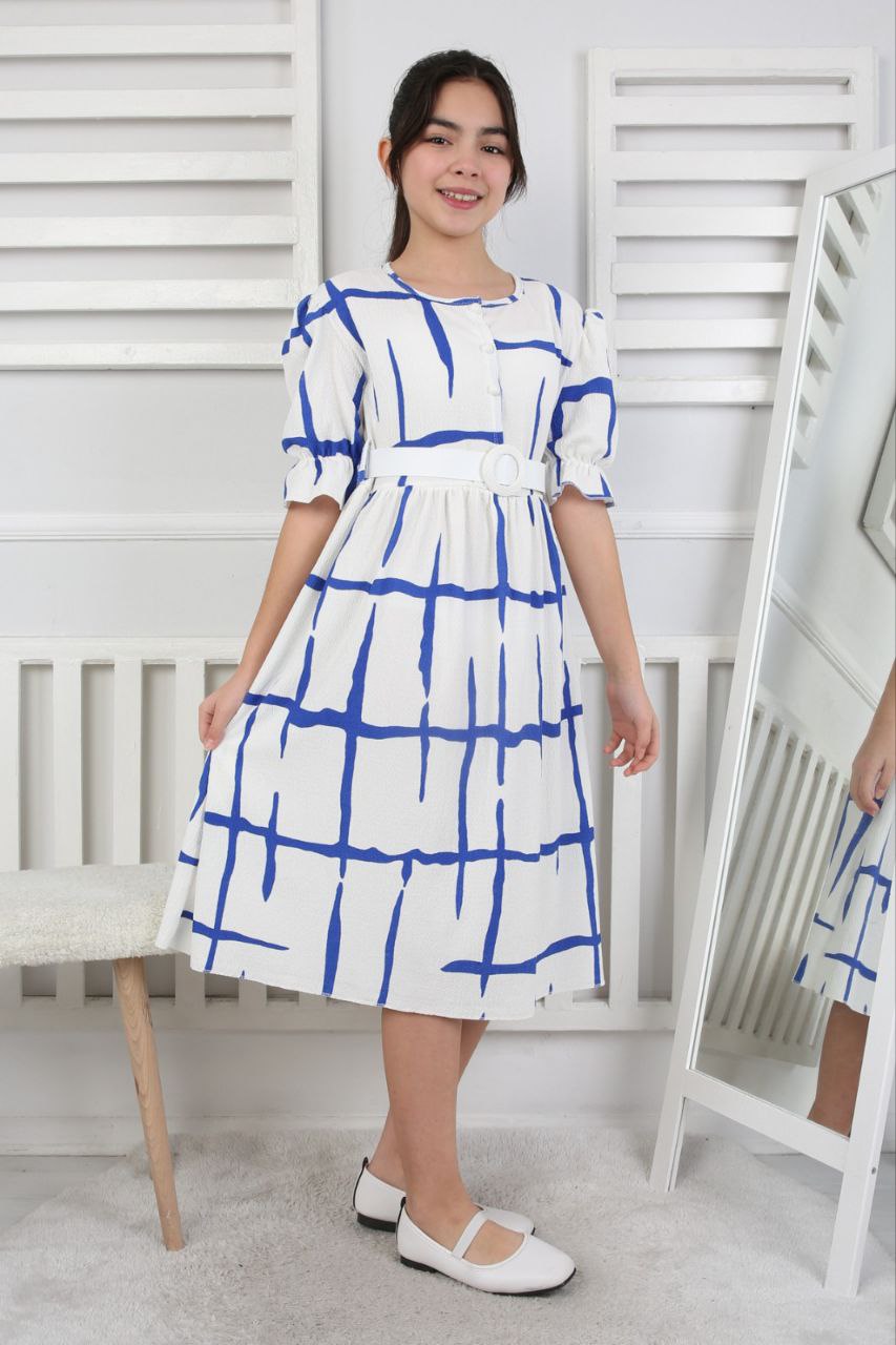 Düğmeli Kemerli Bürümcük Kumaş Bayramlık Kız Çocuk Elbise ABY194