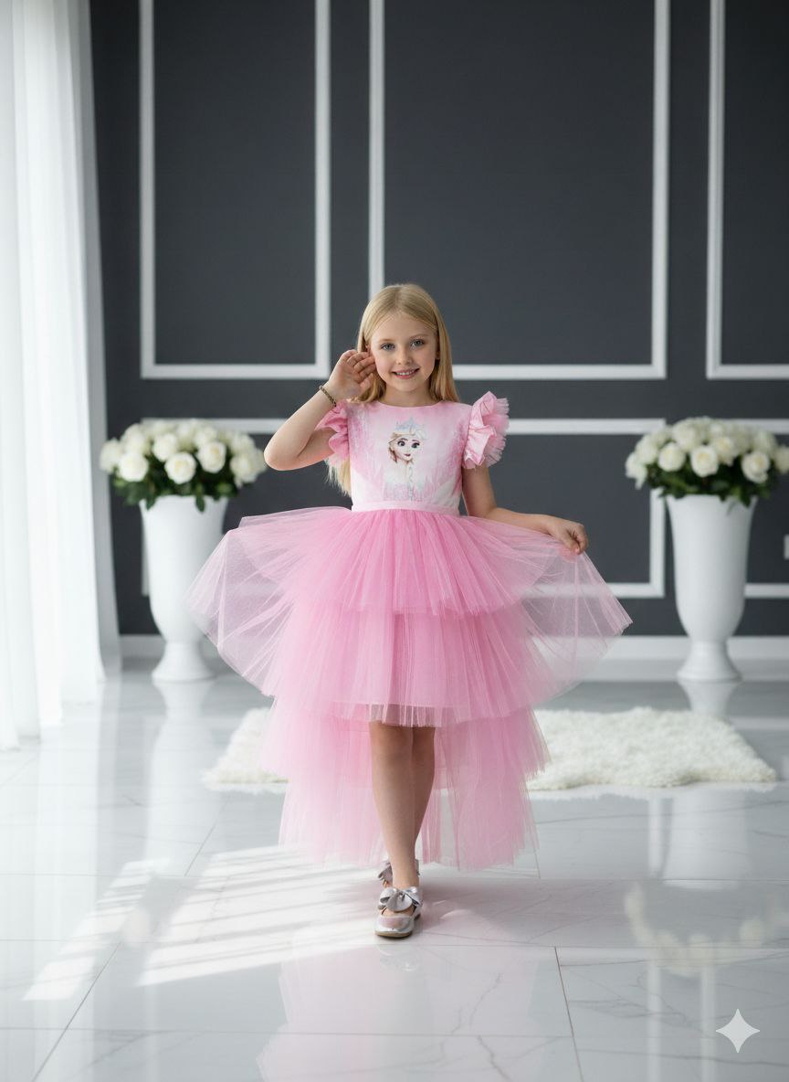 Elsa Pembe Katkat Kuyruklu Tarz Çocuk Abiye ABY745