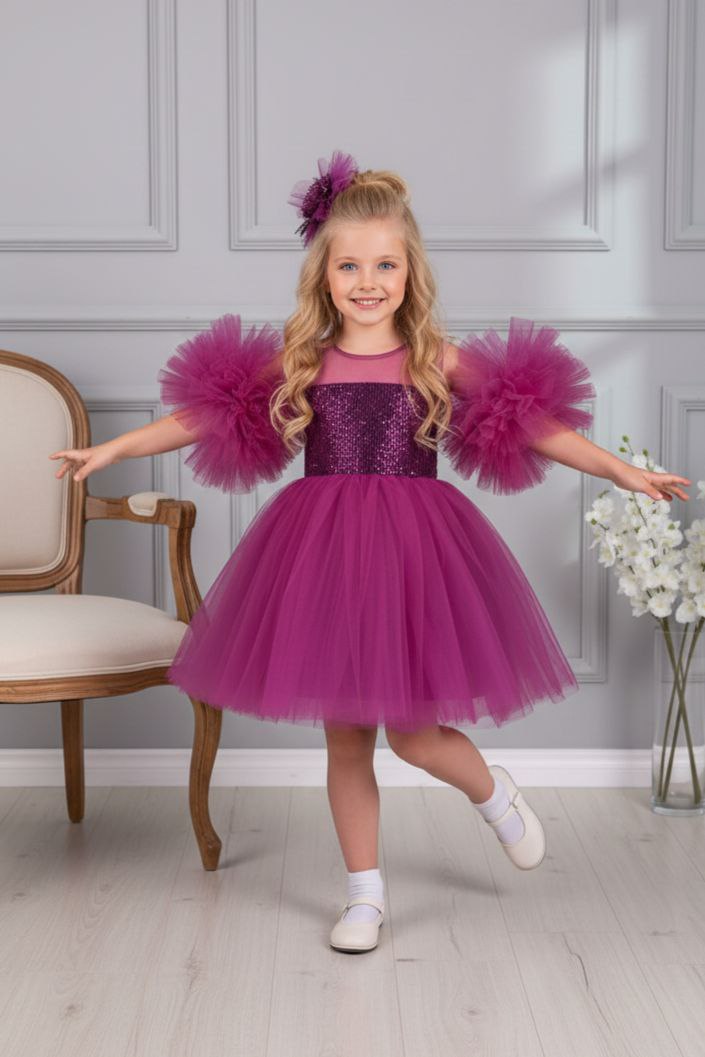 Kol Detaylı Ponponlu Tokalı Fuşya Renk Çocuk Abiye Aby458