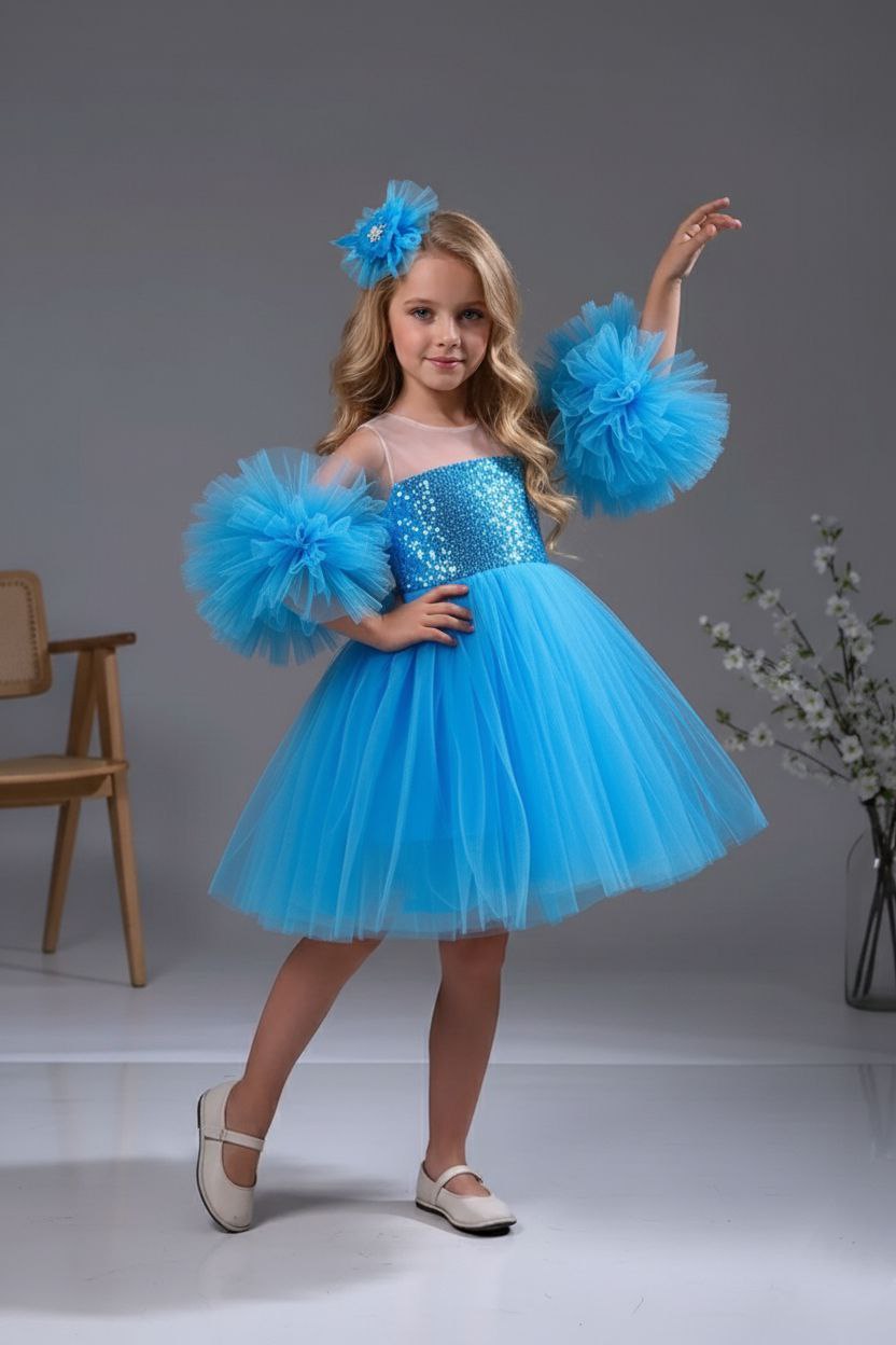 Kol Detaylı Ponponlu Mavi Tokalı Pudra Renk Çocuk Abiye Aby458