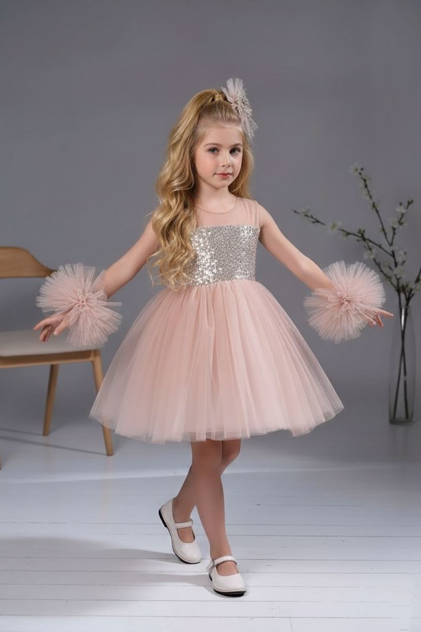 Kol Detaylı Ponponlu Tokalı Pudra Renk Çocuk Abiye Aby458