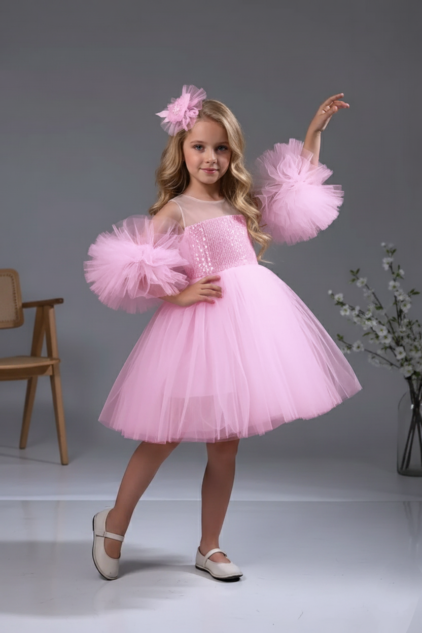 Kol Detaylı Ponponlu Tokalı Pembe Renk Çocuk Abiye Aby458