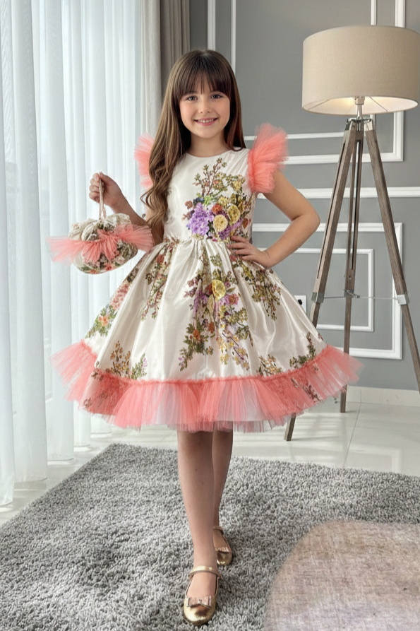 Çiçek desenli Saten Görünümlü Çantalı Tokalı Tarz Çocuk Abiye ABY242