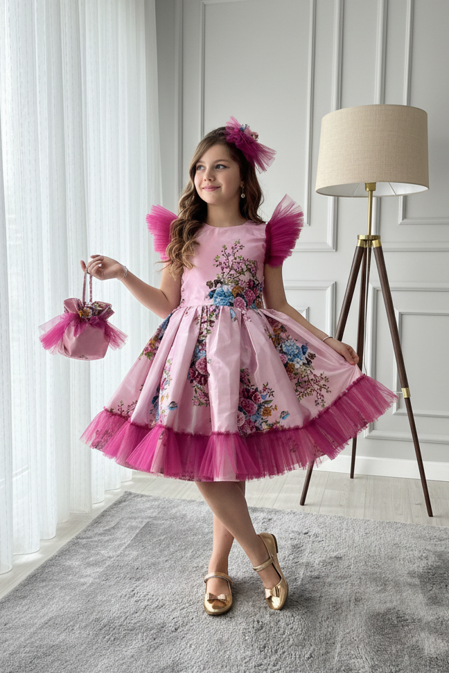 Çiçek desenli Saten Çantalı Tokalı Tarz Çocuk Abiye ABY242